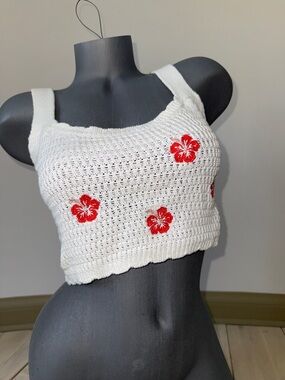 wild fable White Crochet Crop Top with Red Floral Embroidery S